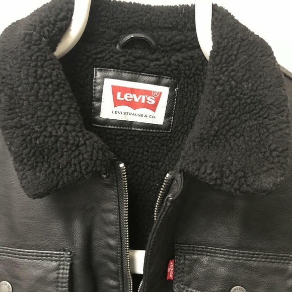 Levi's Mens Faux Leather Trucker Jacket Black - Picture 4 of 7